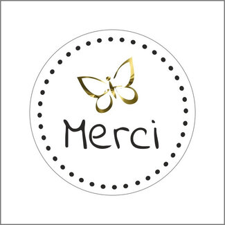 4A Label Sticker met Franse tekst “Merci” | Kleur: Naturelle Wit | Diameter 39 millimeter | Per 500 stickers
