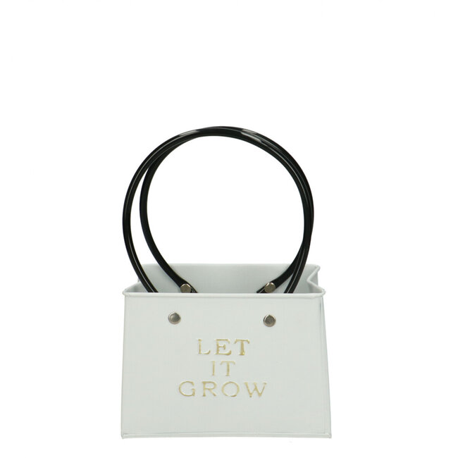 Zinc Flower Pot Planter Bag Shape Text "Let it grow" | Colour: Natural White | Height 11.5 centimetres | Length 14 centimetres | Width 7.5 centimetres | Per 6 flower pots