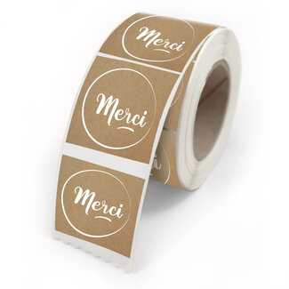 4A Label Sticker with French text “Merci” | Colour: Brown | Width 40 millimetres | Height 35 millimetres | Per 500 stickers
