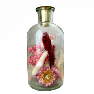 Dutch Dried Glass candle holder with pink and bleached dried flowers | Height 16 centimetres