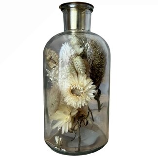 Dutch Dried Glazen kaarsenhouder met witte droogbloemen | Hoogte 16 centimeter