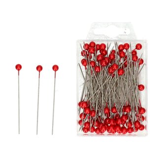 4A Spelden met Parel Knop | Kleur: Rood | Diameter knop 6 millimeter | Lengte 65 millimeter | Per 100 spelden