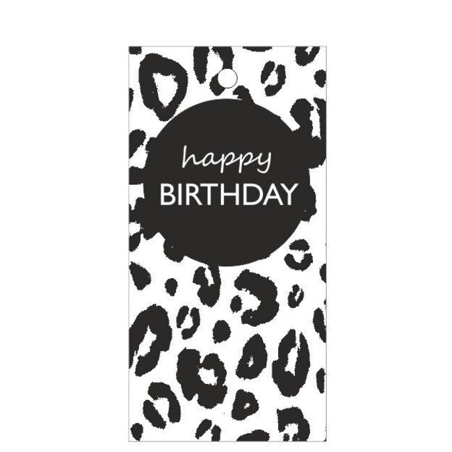 Label Card with text “Happy Birthday” | Colour: Black White | Width 5 centimetres | Height 10 centimetres | Per 20 labels