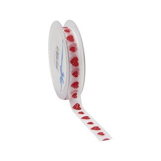 4A Organza Lint met Hartjes | Kleur: Roze Wit | Breedte 15 millimeter | Lengte 25 meter | Per rol