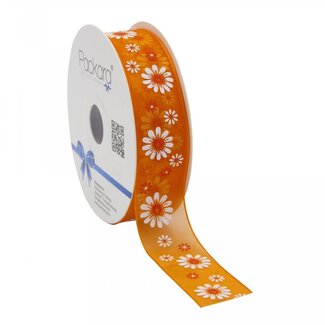 4A Organza-Band mit Blumen | Farbe: Orange | Breite 25 Millimeter | Länge 20 Meter | Pro Rolle