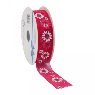 4A Organza Lint met Bloemen | Kleur: Fuchsia | Breedte 25 millimeter | Lengte 20 meter | Per rol