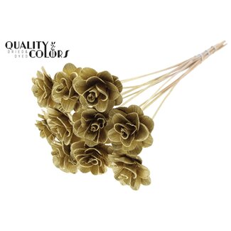QC Shola Houten Roos op stok | Kleur: Goudkleurig | Shola Beetal Rose Bijsteker | Diameter roos 8 centimeter | Lengte bijsteker ± 50 centimeter | Per 10 bijstekers