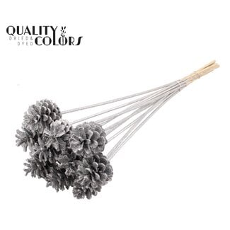 QC Pine cone on stick | Colour: Silver with Glitter | Pine cone diameter 5 - 7 centimetres | Length ± 50 centimetres | Per 10 picks
