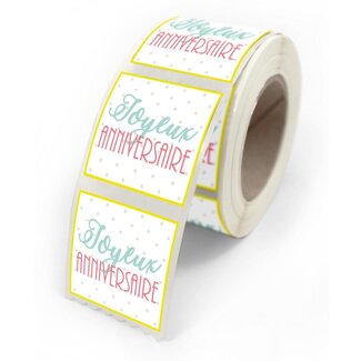 4A Label Sticker with text “Joyeux Anniversaire” | Colour: Mixed Colours | Width 40 millimetres | Height 35 millimetres | Per 500 labels