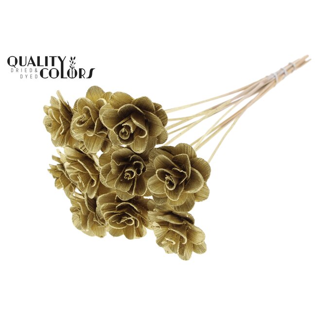 Shola Houten Roos op stok | Kleur: Goudkleurig | Shola Beetal Rose Bijsteker | Diameter roos 8 centimeter | Lengte bijsteker ± 50 centimeter | Per 10 bijstekers