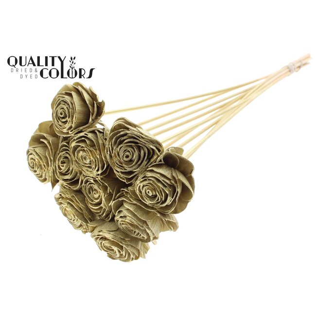 Shola Houten Roos op stok | Kleur: Goudkleurig | Shola Beauty Rose Bijsteker | Diameter roos 6 centimeter | Lengte bijsteker ± 50 centimeter | Per 10 bijstekers