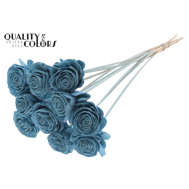 Shola Houten Roos op stok | Kleur: Lichtblauw | Shola Beauty Rose Bijsteker | Diameter roos 6 centimeter | Lengte bijsteker ± 50 centimeter | Per 10 bijstekers