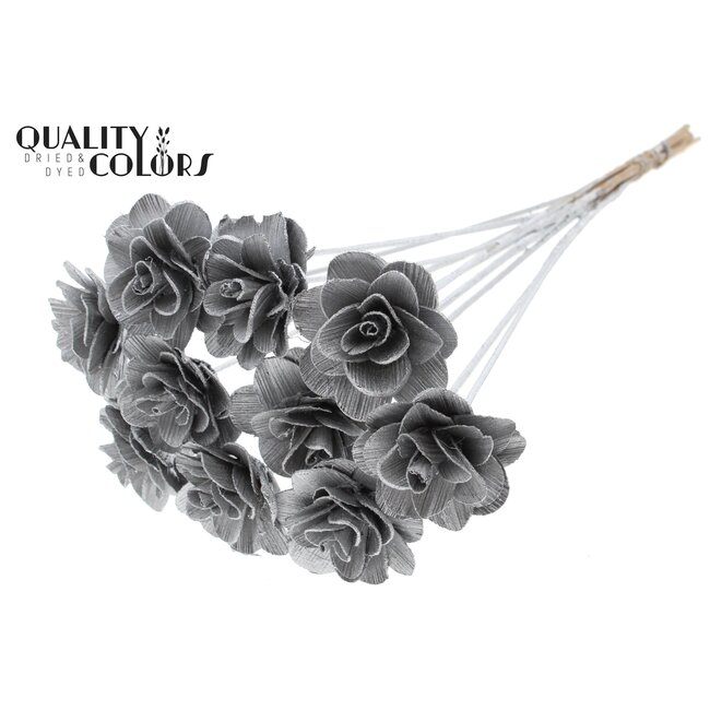 Shola Houten Roos op stok | Kleur: Zilverkleurig | Shola Beetal Rose Bijsteker | Diameter roos 8 centimeter | Lengte bijsteker ± 50 centimeter | Per 10 bijstekers