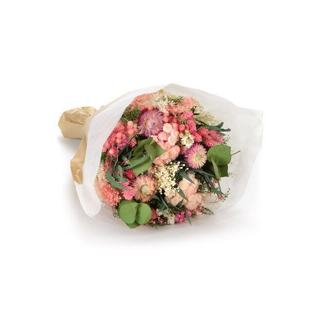 Trockenblumenstrauß Fantasy Rosa | Länge ± 35 Zentimeter | Mit rosa, weißen und grünen Trockenblumen