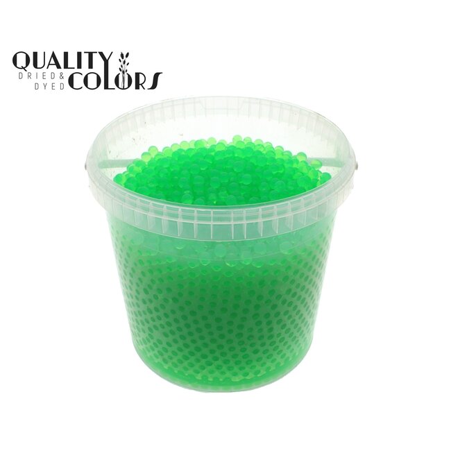 Hydrogel beads in reusable bucket | Colour: Light green | Diameter 2.5 - 3 millimetres | Bucket contents 10 litres | Per bucket
