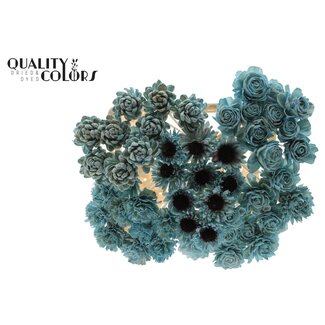 QC Shola Wooden Flower Mix on Stick | Colour: Light Blue | Shola Flower Mix Stick | Stick Length ± 50 centimetres | Per 50 sticks