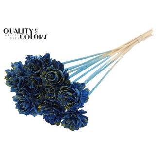 QC Shola Houten Dahlia op stok | Kleur: Gespetterd Blauw Geel | Shola Dhaliya Bijsteker | Diameter bloem 6 centimeter | Lengte ± 50 centimeter | 10 bijstekers per bos