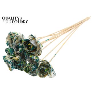 QC Shola Wooden Rose on Stick | Colour: Multicoloured Green Yellow | Shola Dear Holly Stick | Rose diameter 6 centimetres | Stick length ± 50 centimetres | 10 sticks per bunch