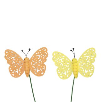 4A Wooden Butterfly Plant Stick | Colour: Yellow Orange | Butterfly width 8 centimetres | Plant stick length ± 20 centimetres | Per 12 plant sticks