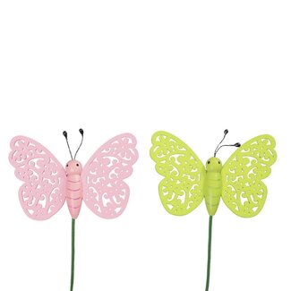4A Wooden Butterfly Plant Stake on stick | Colour: Pink Green | Butterfly width 8 centimetres | Stake length ± 20 centimetres | Per 12 stakes