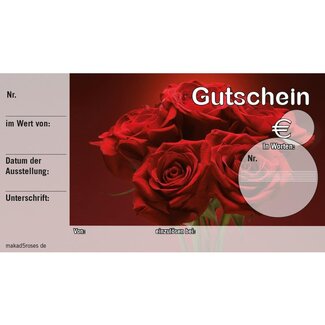 4A Etikett Karte Geschenkgutschein mit Rose „Gutschein“ | Farbe: Rot | Breite 15 Zentimeter | Höhe 10 Zentimeter | Pro 50 Gutscheine