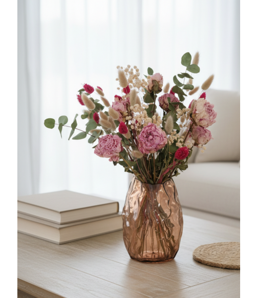 MyFlowers Trockenblumenstrauß Zara | Länge ± 55 Zentimeter | Mit u.a. Eukalyptus und rosa Pfingstrosen