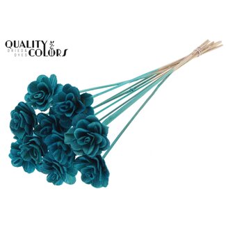 QC Shola Houten Roos op stok | Kleur: Turquoise | Shola Beetal Rose Bijsteker | Diameter roos 6 centimeter | Lengte bijsteker ± 50 centimeter | 10 bijstekers per bos