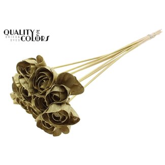 QC Shola rose on stem | Colour: Gold-coloured | Shola Dear Holly | Diameter 6 centimetre | Length  ± 50 centimetre | 10 extra picks per bunch | Per bunch