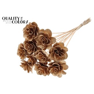 QC Shola Houten Roos op stok | Kleur: Antiek Goudkleurig | Shola Beetal Rose Bijsteker | Diameter roos 8 centimeter | Lengte bijsteker ± 50 centimeter | 10 bijstekers per bos