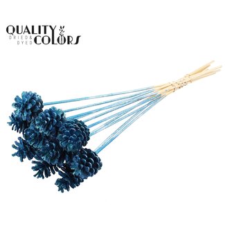 QC Dennenappel op stok | Kleur: Metallic Blauw met Glitter | Diameter 5 - 7 centimeter | Lengte ± 50 centimeter | 10 bijstekers per bos
