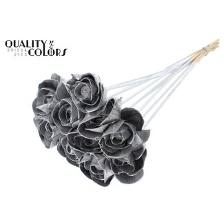 QC Shola Wooden Rose on Stem | Colour: Silver | Shola Dear Holly Stick | Rose Diameter 6 centimetres | Stick Length ± 50 centimetres | 10 sticks per bunch