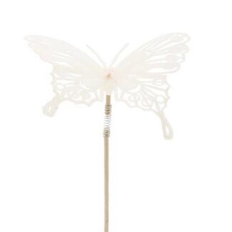 4A Papillon flocké sur tige | Couleur: Blanc Naturel | Piquet papillon | Diamètre 8 centimeter | Longueur ± 50 centimeter | Par 25 piquets