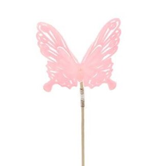 4A Papillon flocké sur tige | Couleur: Rose | Pique-papillon | Diamètre 8 centimeter | Longueur ± 50 centimeter | Par 25 pique-papillons