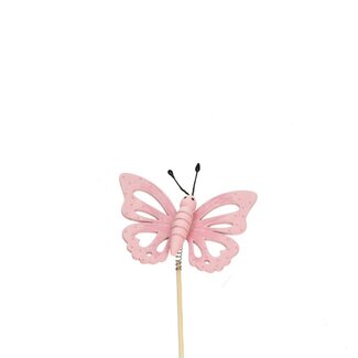 4A Vlinder op stok | Kleur: Roze | Vlinder Bijsteker | Diameter 7 centimeter | Lengte ± 12 centimeter | Per 25 bijstekers