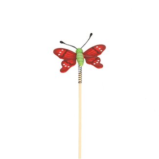 4A Vlinder op Spiraal op stok | Kleur: Rood | Vlinder Bijsteker | Diameter 6 centimeter | Lengte ± 50 centimeter | Per 25 bijstekers