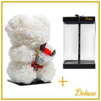 4A Bär aus Schaumrosen mit Strauß | Farbe: Natürliches Weiß | Höhe 25 centimeter | inklusive Ständer | Pro Bär