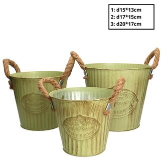 4A Zinken Bloempot Plantenpot “Lynx” Set van 3 | Kleur: Groen | Diameter 15 - 20 centimeter | Hoogte 13 - 17 centimeter | Per set