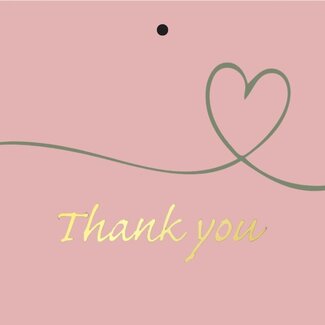 4A Kaartje Label met Engelse tekst “Thank you” | Kleur: Roze | Breedte 7 centimeter | Hoogte 7 centimeter | Per 20 labels