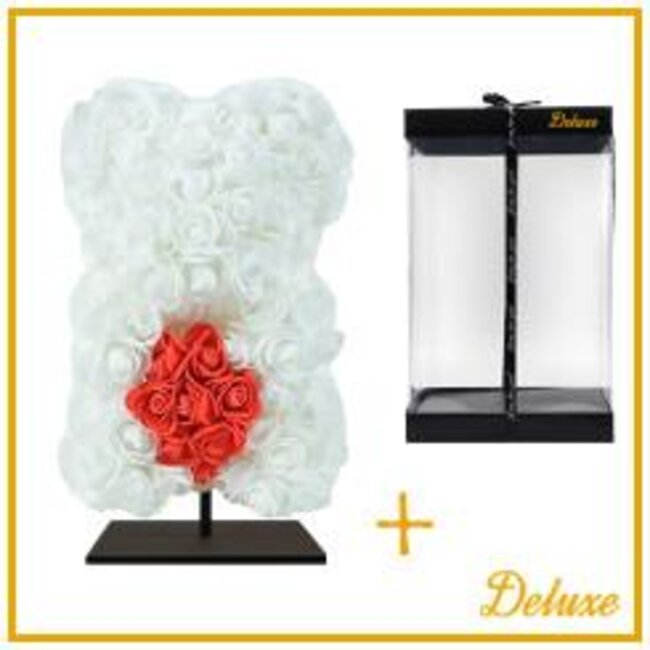 Ours de roses en mousse avec cœur | Couleur : Blanc et Rouge | Hauteur 25 centimeter | incluant support | Par ours