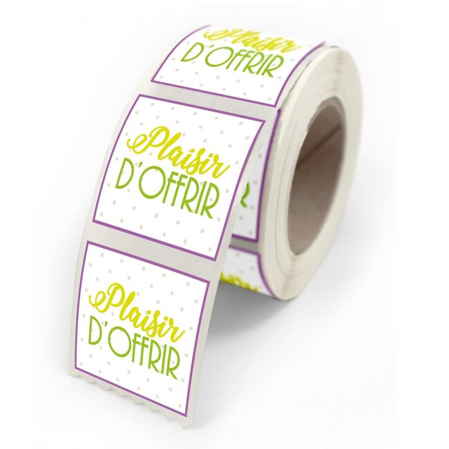 Sticker Label met tekst “Plaisir D’Offrir” | Kleur: Gemengde Kleuren | Breedte 40 millimeter | Hoogte 35 millimeter | Per 500 stickers