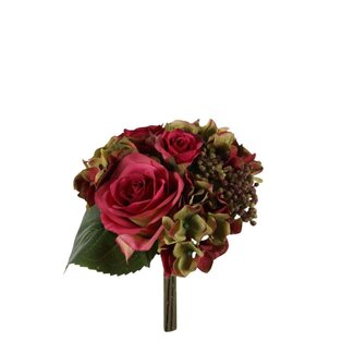 4A Strauß Kunstblumen Rose und Hortensie  | Farbe: Fuchsia | Höhe ± 22 centimeter | Pro Strauß