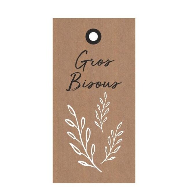 Étiquette carte avec texte français “Bisous” | Couleur: Brun clair | Largeur 5 centimeter | Hauteur 10 centimeter | Par 20 étiquettes