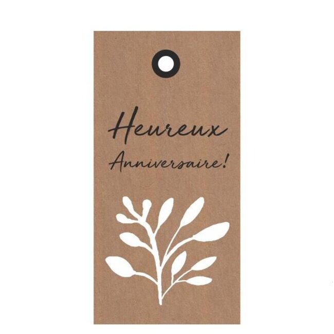Étiquette carte avec texte français “Anniversaire” | Couleur: brun clair | Largeur 5 centimeter | Hauteur 10 centimeter | Par 20 étiquettes