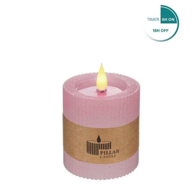Pillar Candle Ribbed LED | Colour: Pink | Diameter 7 centimetre | Height 7.5 centimetre | Excluding AAA batteries | Per 6 candles