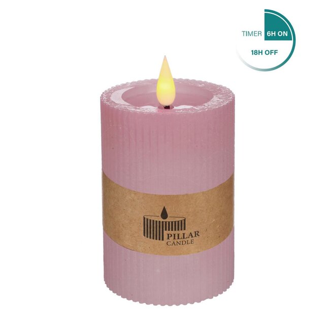 Ribbed LED pillar candle | Colour: Pink | Diameter 7 centimeter | Height 10 centimeter | Excluding AAA batteries | Per 6 candles
