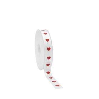 4A Satinband mit Herzchen | Farbe: Natürliches Weiß | Breite 15 millimeter | Länge 25 meter | Pro Rolle