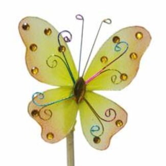 4A Butterfly Orient on stick | Colour: Yellow | Butterfly pick | Diameter 7 centimetre | Length ± 50 centimetre | Per 25 picks