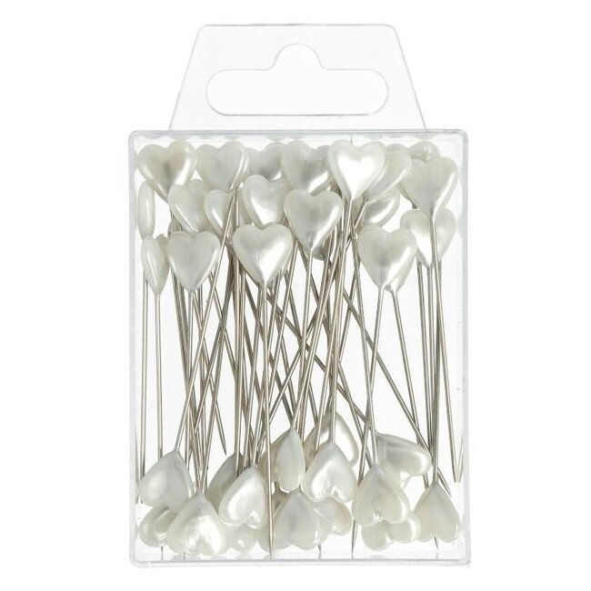 Shiny Pins with Heart Heads | Colour: Natural White | Diameter 10 millimeter | Contents 40 pins | Per box