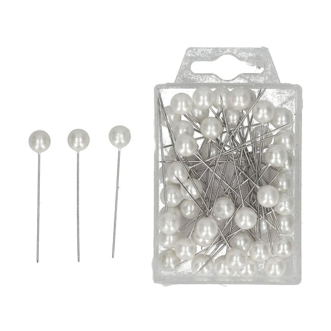 Spelden met Parel Knop | Kleur: Naturelle Wit | Diameter 10 millimeter | Lengte 60 millimeter | Inhoud 50 spelden | Per doosje