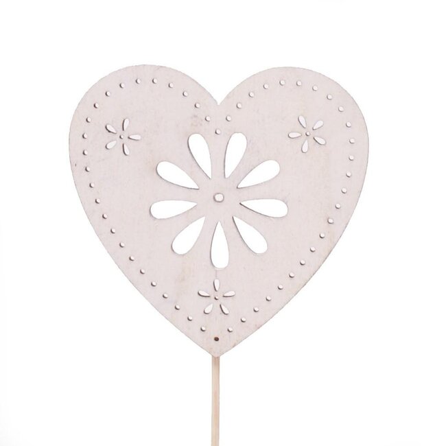 Fleur Cœur Piquet | Couleur: Blanc Naturel | Diamètre 8 centimeter | Longueur piquet ± 10 centimeter | Par 25 piquets